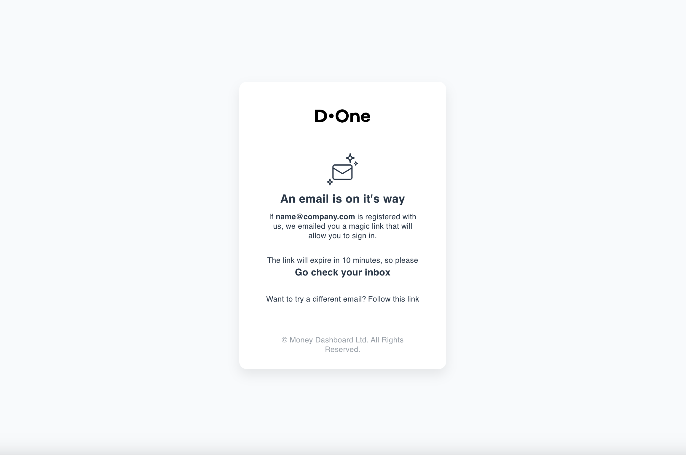 Email sent screen Email sent screen